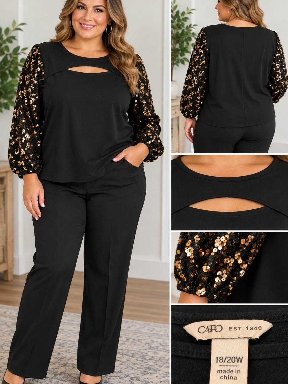 Black Sequin-Sleeve Blouse